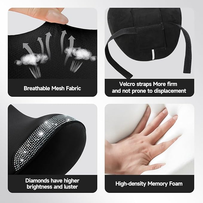 2 Pack Diamond Car Neck Pillow for Women, Memory Foam Neck Pillow for Chair for Lower Back Pain Relief, Car Headrest Pillow with Adjustable Strap, Comfort Softness Neck Support Pillow(Black)