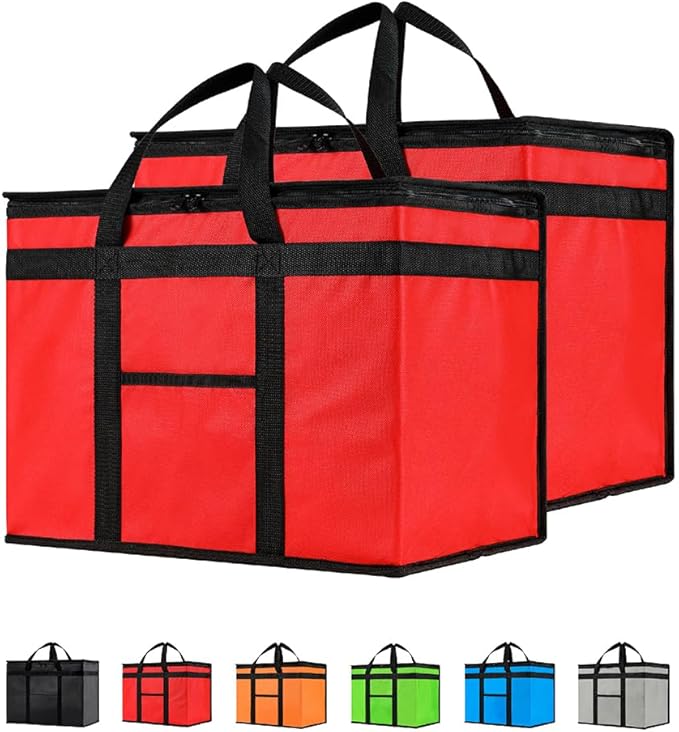 NZ home Insulated Bags for Food Delivery (XL Plus) Grocery Shopping Cooler Bag, Pizza Delivery, Hot & Cold Catering Tote, Reusable, Foldable & Heavy Duty (2 Pack, Red)