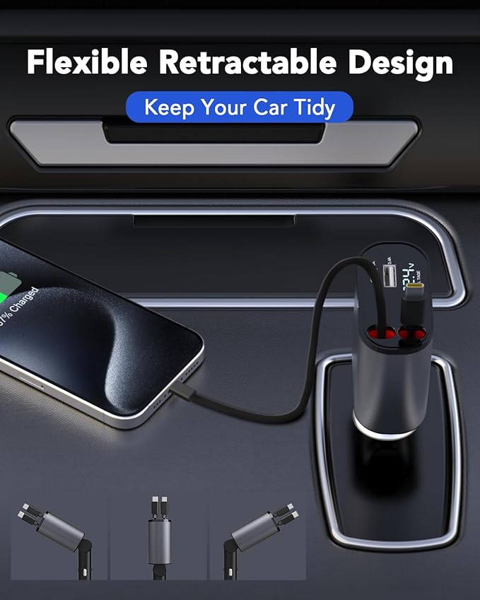 Retractable Car Charger Adapter for iPhone 17,4 in 1 Fast Charging Car Phone Charger,69W USB C Car Truck Accessories,Road Trip Essentials Gift for Men Women for iPhone 17/16/15/14/13/12,Galaxy S25