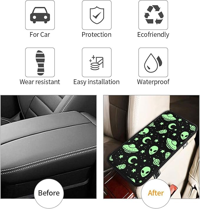 SEAEAGLE Alien Pattern Car handrail Box Cushion Vehicle Center Console Armrest Cover Pad Soft Comfort Universal Fit