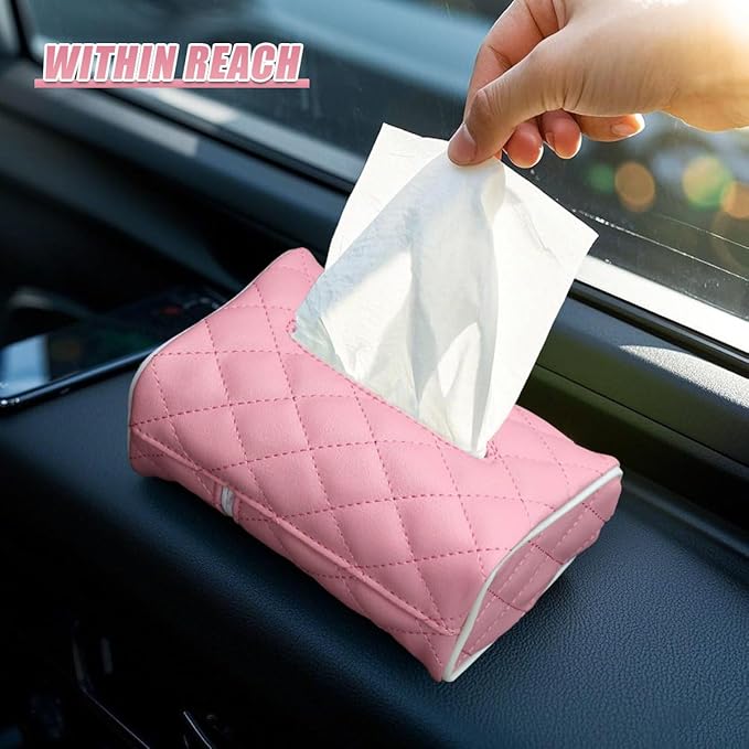 Car Tissue Holder, Soft PU Leather Auto Backseat Napkin Holder, Rectangle Hanging Tissue Box for 100-150 Standard Tissues, Universal Car Interior Storage & Organization Accessories (Pink)