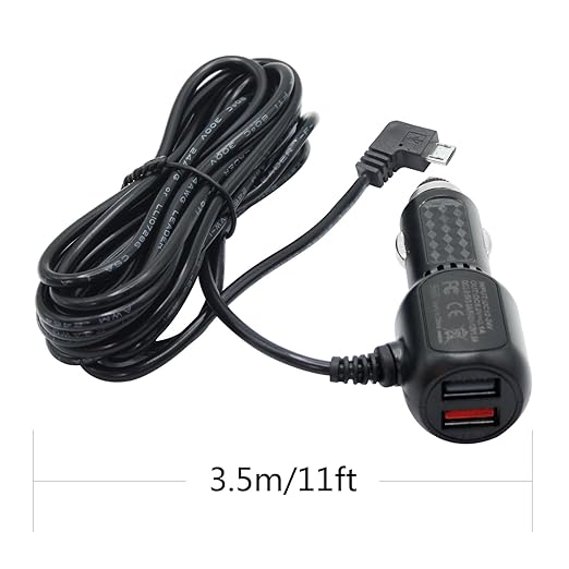 Dash Cam Micro USB Power Cable 11FT, Right Angle 90 Degree Micro USB with Dual USB Port Fast Power Supply, for 12V-24V Car and Truck Dash Cam, GPS Navigator, MP3 Player and Other USB Devices