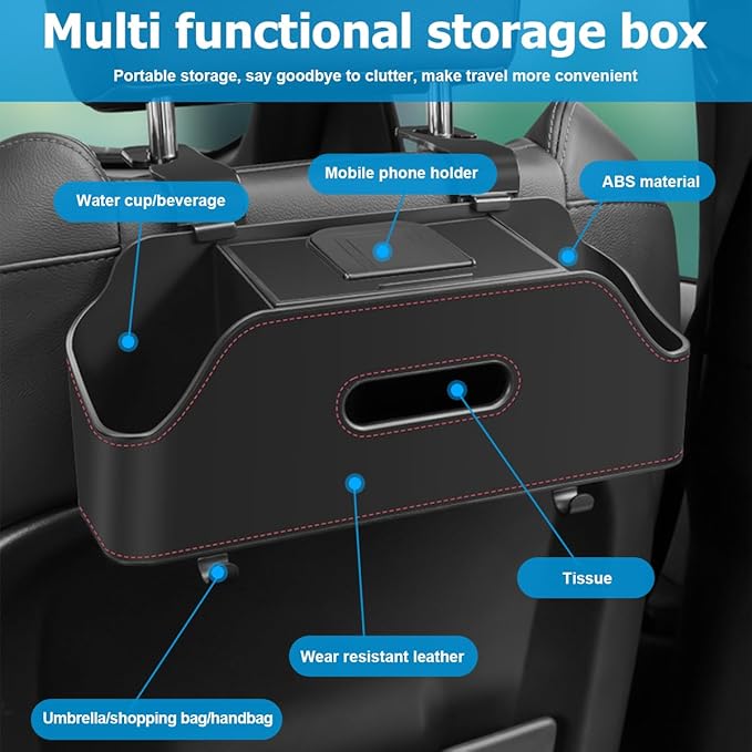 Zipelo Car Headrest Backseat Organizer with Cup Holder, Multi-Functional Vehicle Seat Back Hanging Storage Box with Hooks, Auto Drink Snack Phone Tray Travel Accessories for Kids Adults (Black)
