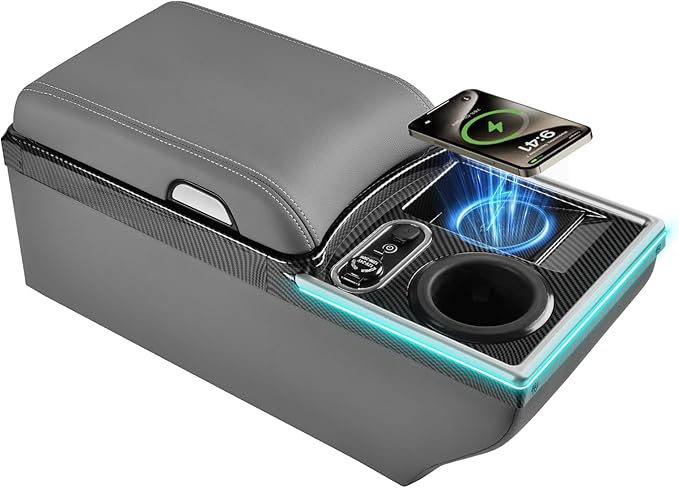 Coverado Center Console, Universal Bench Seat Center Console with Wireless Charging & Cup Holder & 7 Light Modes, Truck Back Seat Car Organizer, Rear Central Car Armrest Box with Storage, Gray