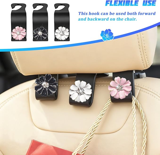 4PCS Bling Car Seat Headrest Hooks, Crystal Rhinestone Flower Vehicle Back Seat Hanger Holder Hook, Automotive Interior Hanging Storage Accessories for Purse Coats Bag, Universal Fit (Pink)