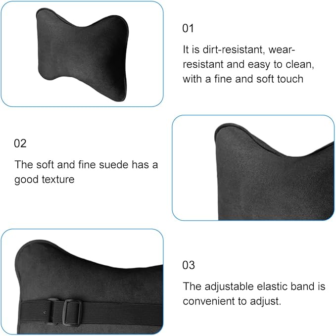 Car Headrest Pillow, Suede Soft Comfortable Breathable Vehicle Seat Neck Support Cushion with Adjustable Strap, Ergonomic Design Auto Head Rest Pad, Universal for Sedan RV Truck (Black)
