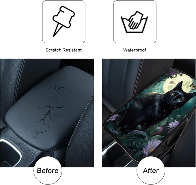 Car Armrest Cover Pads Universal Fashion Cute Auto Center Console Armrest Cover Pad with 2PCS Car Coasters Soft Waterproof Car Armrest Seat Protector for Women Girls, Black Cat