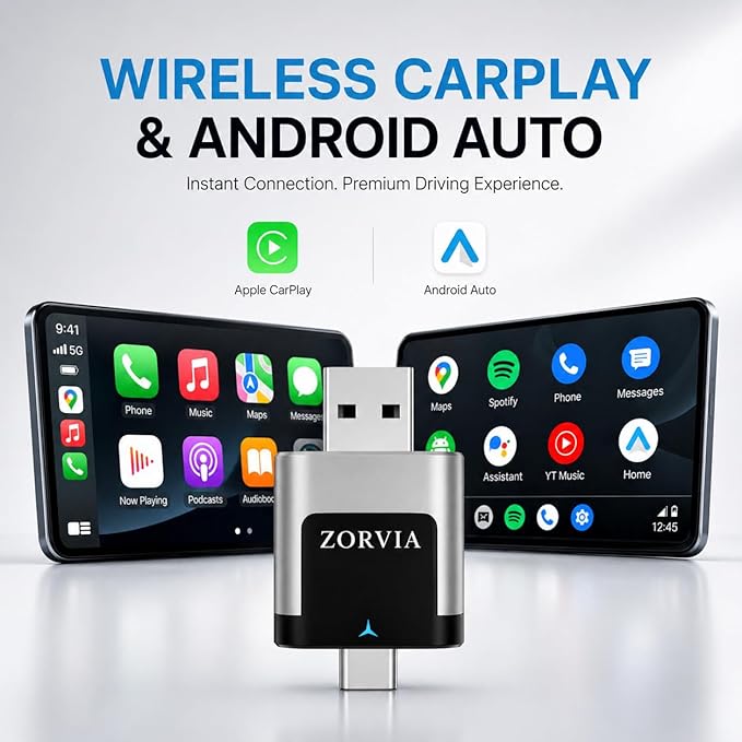 ZORVIA Wireless CarPlay Adapter for iPhone & Android Auto 2026 Upgraded - Convert Wired CarPlay to Wireless, Fast Auto Reconnect, Plug and Play, USB-C & USB-A (Silver)