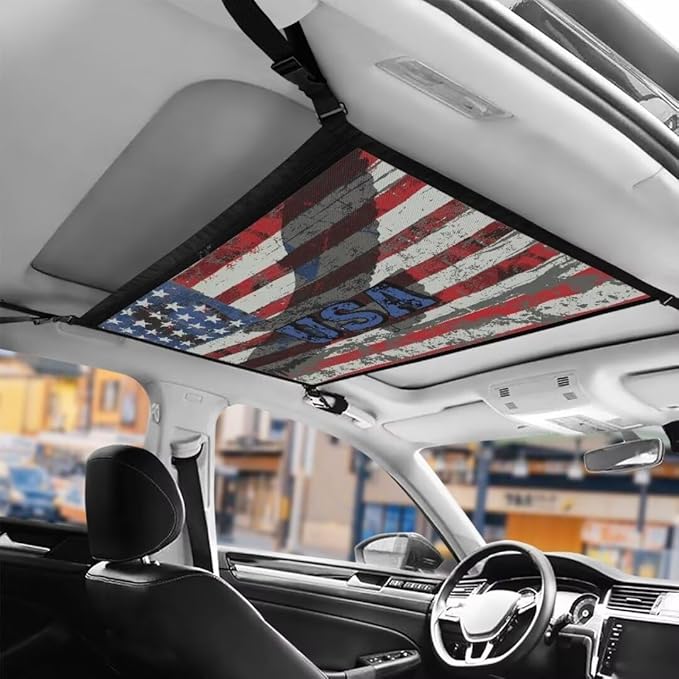 USA Flag Print Car Roof Seat Organizer Hanging Car Storage Bag Inner Car Accessories Storage for Kids Pets' Items for Travel