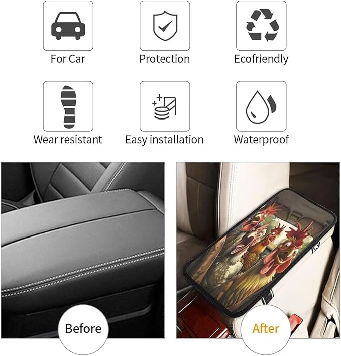 Car Center Console Cover Funny Chicken Print Auto Accessories Neoprene Armrest Cover Cute and Funny Animal Armrest Cushion Pad Soft Cozy Armreat Seat Box Protector Interior for SUV Truck Vans