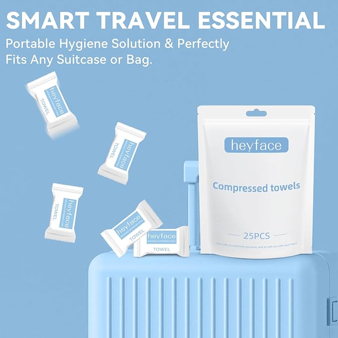 Compressed Towels Tablets (11.8" x11") 25 Bulk Set Disposable Compressed Washcloths for Travel & Camping, Soft Compressed Face Towel with Waterproof Case for Daily Use & Camping Essentials