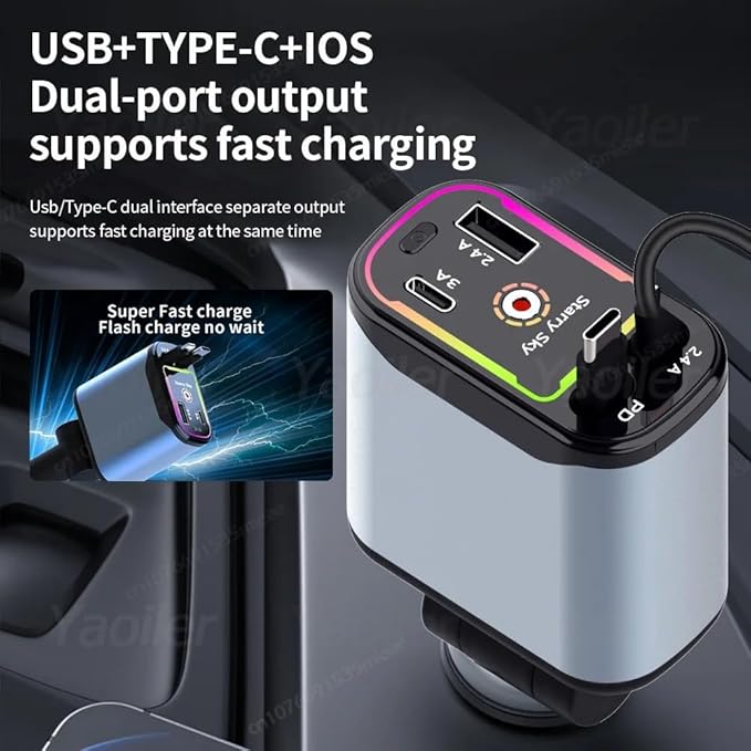 Retractable Car Charger 4 in 1 Fast Car Phone Charger | RGB Starlight | 2 Retractable Cords (Type C + iOS) with Additional 2 Ports | Charge 4 Devices | Compatible with Android & iPhone Models