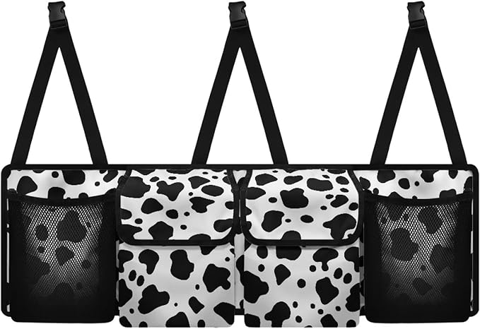 Black Cow Spots Auto Hanging Seat Back Storage Car Organizer Large Capacity Collapsible Cargo Bag,Sturdy Space Saving Expert