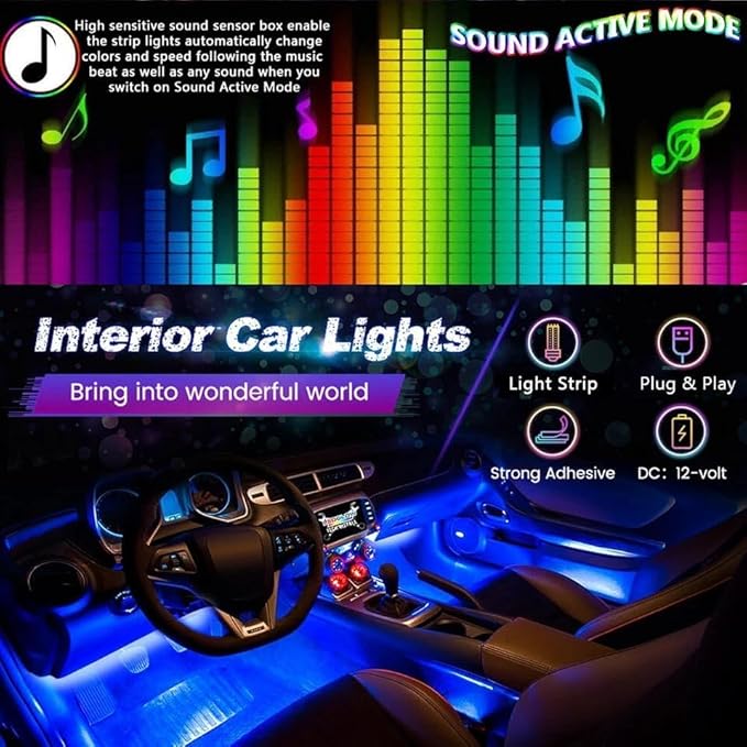 Smart Car LED Lights, 72 LEDs Car Interior Lights RGB with APP Remote Control,Multicolor Footwell Under Dash Inside Light Kits Music Sync Mode, for Vehicle Internal, SUV, Trucks