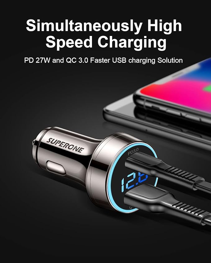 [Pure Copper] USB C Car Charger, SUPERONE 45W Dual USB Car Charger Adapter with 27W/20W PD Port, Fast QC3.0 LED Voltmeter for iPhone 17 16 15 14 Max/Pro/Plus/Mini, Pixel 9/8/7, Samsung S25/S24 More