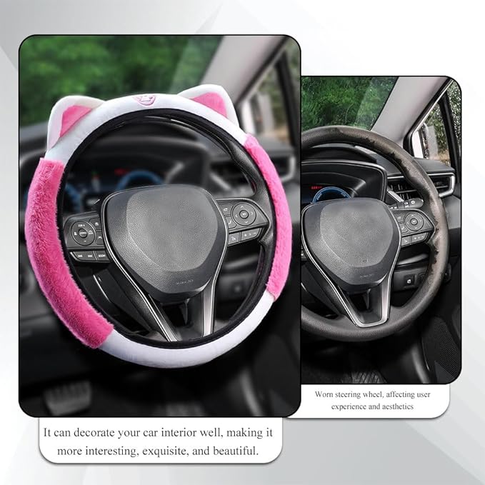 Car Steering Wheel Cover, 15 Inch Fluffy Soft Plush Auto Protector, Anti-Slip Elastic Lovely Car Cover Accessories with Kitty Cat Ears Universal for Most Vehicles (Fluffy-White+Rose Pink)
