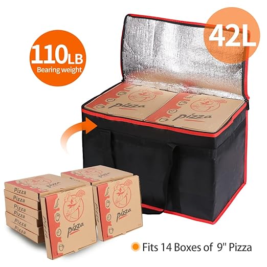 Bodaon Insulated Food Delivery Bag, XX-Large Reusable Grocery Shopping Bags, Picnic Cooler Bag Secure Top Cold, Black with Red Edge, 2-Pack
