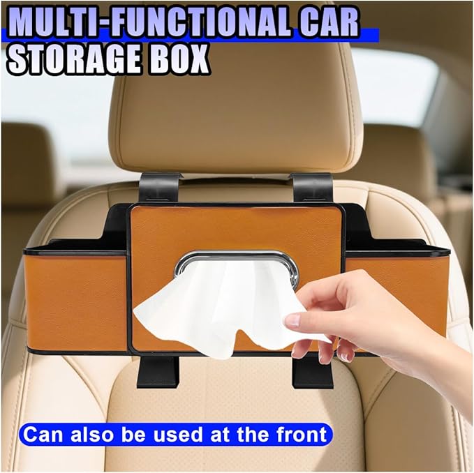 YoRise Multifunctional Car Back Seat Organizer, Leather Automotive Headrest Phone & Tissue & Cup Holder with Hooks, Family Travel Vehicle Backseat Storage Box for Drink, Snack, Handbag (Orange)