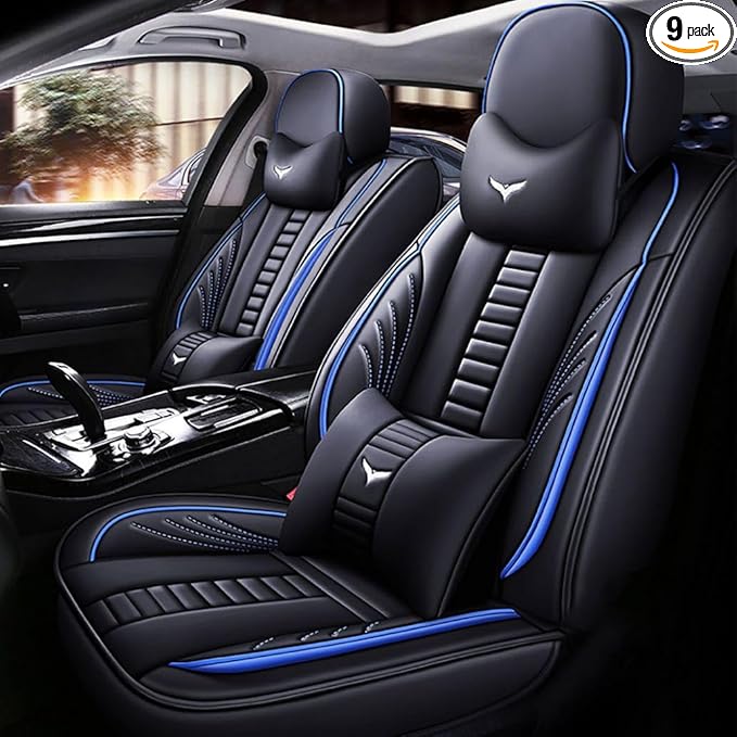 for Toyota RAV4 2008-2025 Car Seat Covers, Full Coverage Customized Seat Covers Premium Leather Waterproof Stain-Resistant Easy to Install (Full Set with Pillows, Black&Blue)