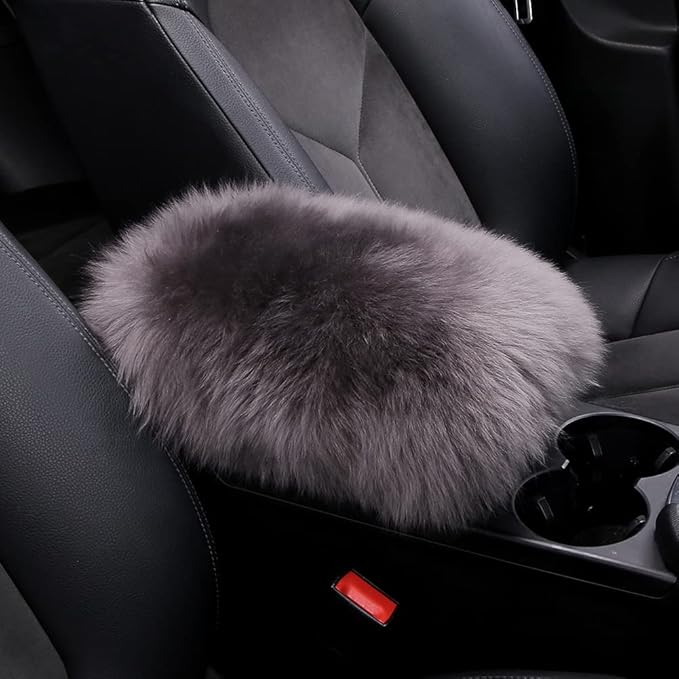 LLB Auto Center Console Cover Pad Universal Fit for SUV/Truck/Car, Genuine Sheepskin Wool Fur Car Armrest Seat Box Cover, Furry Fluffy Auto Armrest Cover Protector (Carbon Gray)