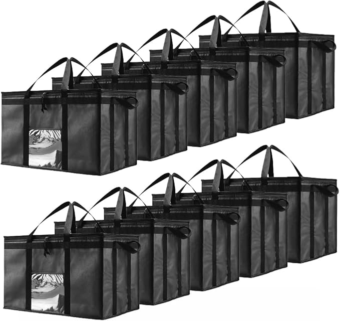 NZ home Insulated Bags for Food Delivery (3XL, 10 Pack, Black) Grocery Shopping Cooler Bag, Pizza Delivery, Hot & Cold Catering Tote, Reusable, Foldable & Heavy Duty