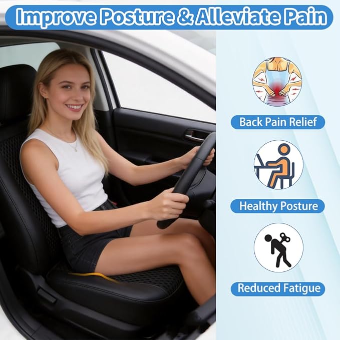 Car Seat Cushion for Long Driving Memory Foam Wedge Leather Cushion for Back Pain & Tailbone Pain Relief Non Slip & Ergonomic Car Seat Pillow Pad, Fit for Most Car Truck Office Chair & Wheelchair