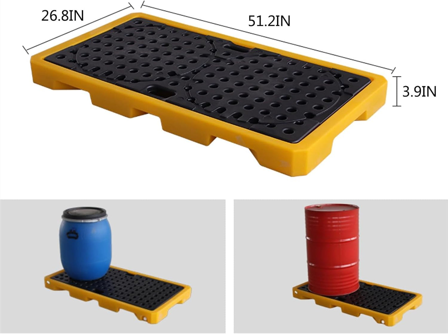 2 Drum Containment Spill Pallet, Polyethylene Low Profile Paint Bucket Tray, Industrial Garage Storage Detachable Shipping Leakproof Platform (Color : Yellow-2 Pack, Size : 51.2"x26.8"x3.9"