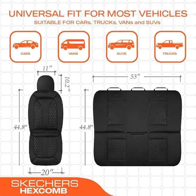 Skechers Memory Foam™ Car Seat Cover Full Sets, Hexcomb Breathable Thick Seat Covers, Airbag Compatible, Automotive Comfort & Protection for Most Cars,Van,Trucks, SUVs (Black,Full Set)