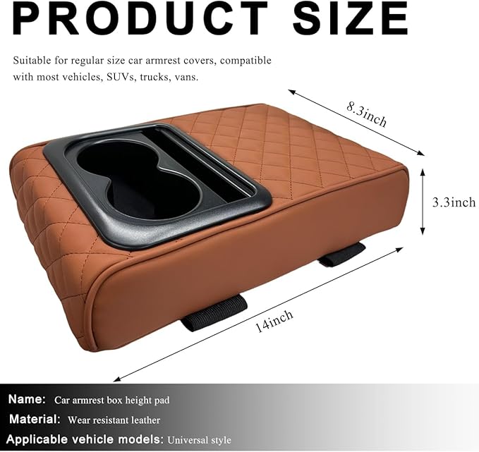 Car Center Console Armrest Pillow, 14"×8.3" Waterproof Leather Armrest Box Cover with Cup and Phone Holder, Soft Memory Foam Arm Rest Console Pad Protector for SUV Truck (Brown, Embroidery)
