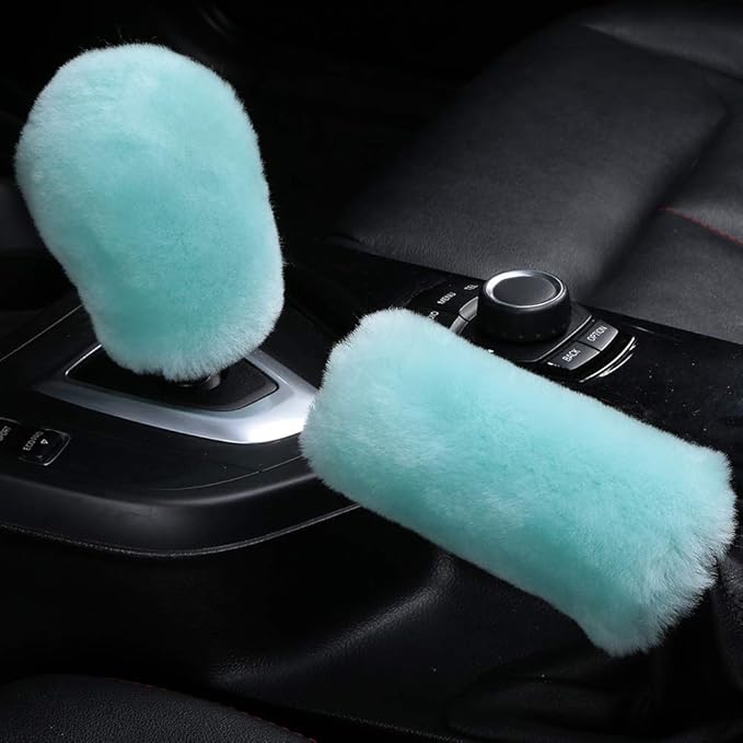 3Pcs/Set Pure Wool Fur Furry Steering Wheel Cover, Soft Fluffy Handbrake Cover Gear Shift Cover for Women Car SUV Truck Australia Sheepskin Accessories, Light Green