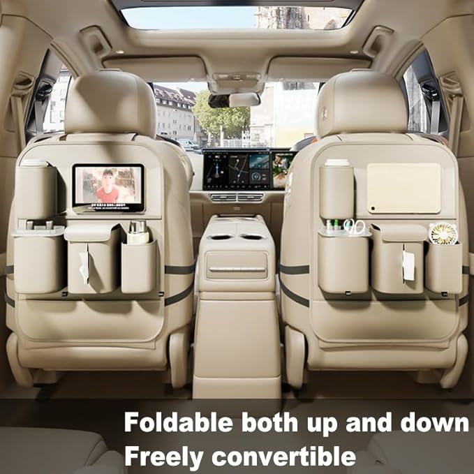 GMQ Backseat Car Organizer with Touch Screen,Protectors Kick Mats Travel Accessories for Kids,Multifunctional Seat Back Organizer Car Travel Organizer Accessories (Beige, 2PCS)