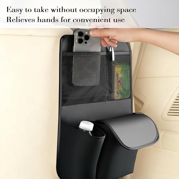 Car Seat Back Organizer, Leather Vehicle Seat Headrest Hanging Bag with Multiple Storage Pockets, Automotive Interior Organization Accessories, Universal for SUV Truck Sedan