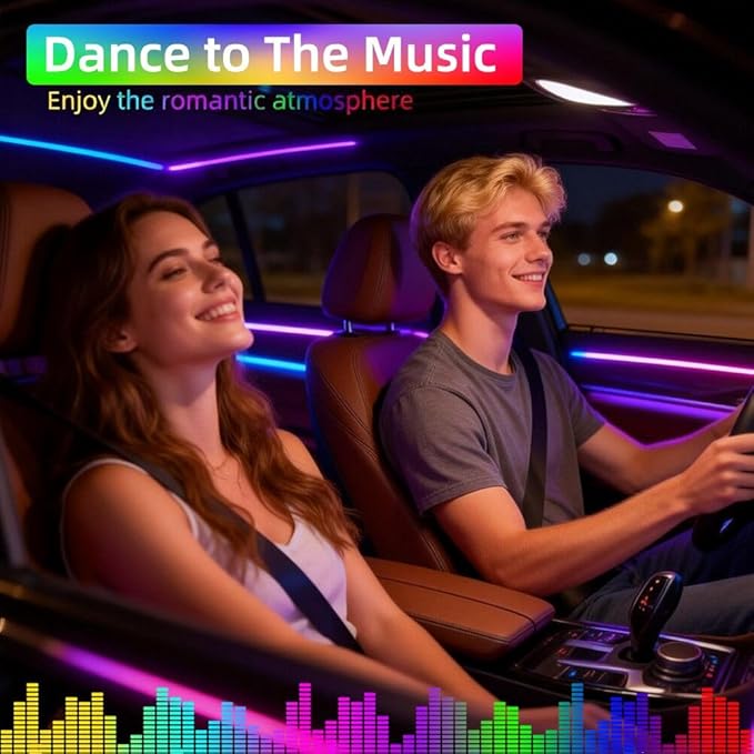 Acrylic Interior Car LED Lights with Remote and Wireless APP, Ambient Lighting Kits Fiber Optic Strip LEDs,16 Million Colors Music&DIY Function (8 in 1)