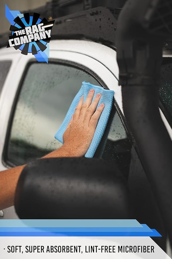 The Rag Company - Standard Waffle Weave Towels, Microfiber Detailing, Window/Glass and Drying, Wax & Polish, Lint-Free, Streak-Free, 370gsm, 16in x 16in, Light Blue (3-Pack)