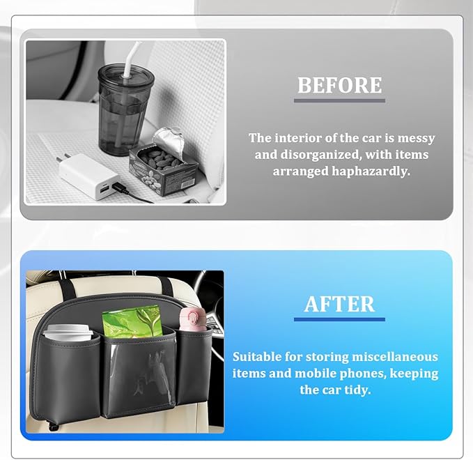 Car Back Seat Organizer, Leather 4-in-1 Seat Back Hanging Storage Bag with Tissue Box, 2 Cup Holder & Hook, Multi-Purpose Backseat Organizer Pocket for Hold Phone Drink, Universal Fit (Black)