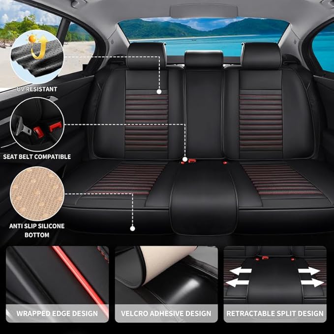 Car Seat Covers Full Set Fit for Toyota Matrix 2003-2014, Premium Faux Leather Car Seat Protector,Breathable Anti-Slip Full Wrapping Edge Seat Covers(Black&Red,Full Set)