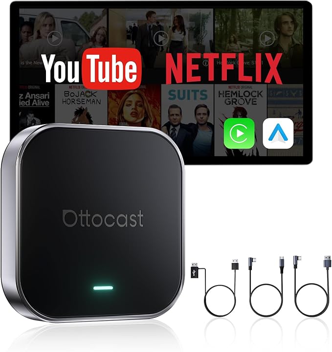 OTTOCAST Magic CarPlay Box 3-in-1 Wireless CarPlay Adapter for iPhone & Android Auto with YouTube Netflix TikTok+,Plug & Play,Auto Bluetooth Connection, Supports SIM & TF Card,App Download,E2