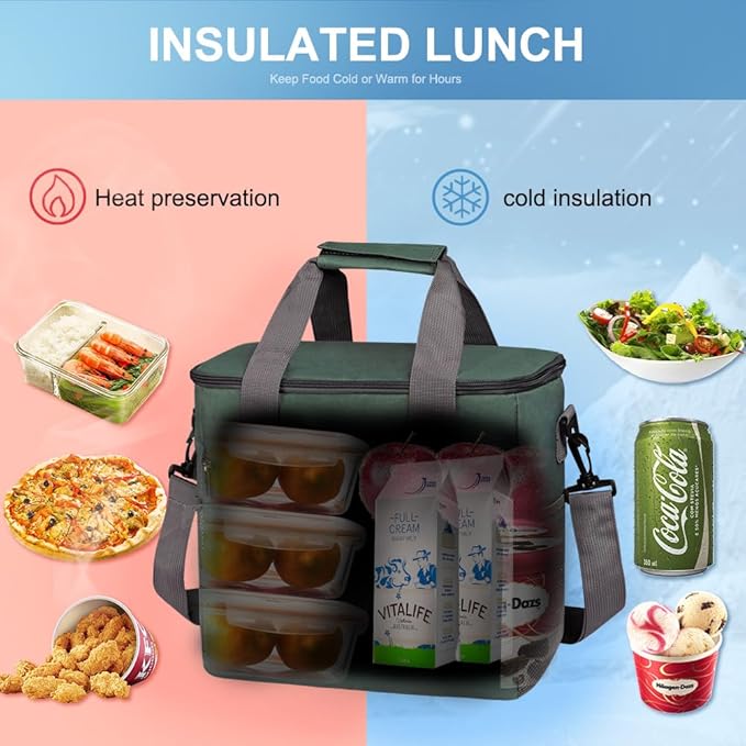 Iknoe Large Cooler Bag Collapsible 24 Can Insulated Bags Leakproof Lunch Cooler Tote with Multi-Pockets for Adult Insulated Thermal Bag for Beach, Picnic, Office Work(Grayish Green)