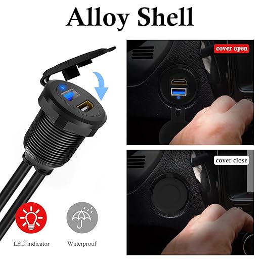 BATIGE USB 3.0 & HDMI to HDMI + USB 3.0 Car Mount Flush Cable, Alloy Shell Dash Panel Extension Cable with LED Indicator for Car Boat Motorcycle 1ft