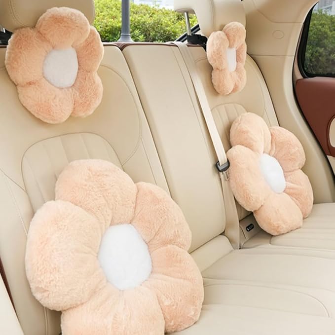 4 Pack Plush Flower Car Headrest Pillow and Lumbar Support Pillow Soft Comfortable Car Headrest Pillow Cute Car Accessories for Car Driving Cute Neck Pillows for Driving Car Decor