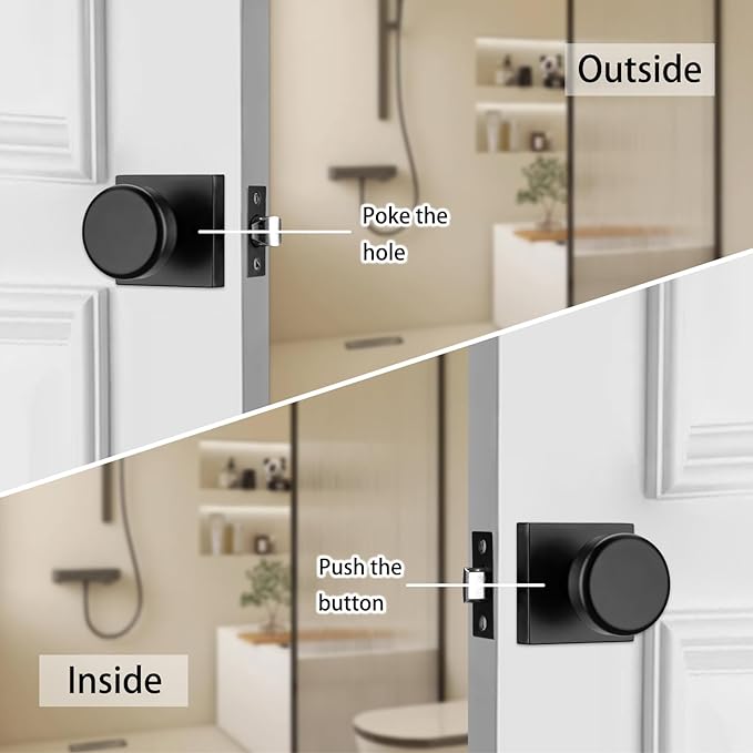 6 Pack Black Door Knobs with Square Rosette, Interior Door Handles for Bath & Bed, Heavy Duty Door Knob with Lock