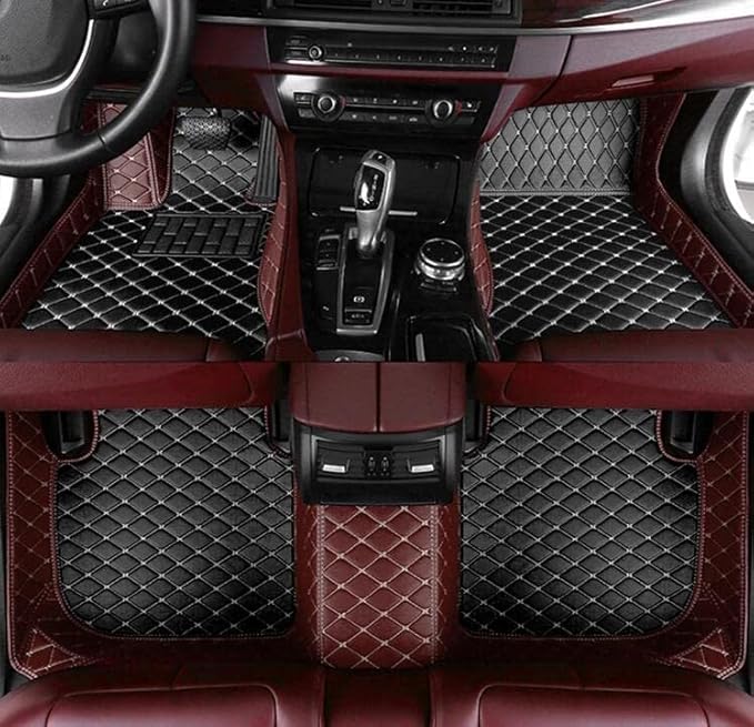 Custom Floor Mats for Cars fit 95% Sedan SUV Sports Car Full Coverage All Weather Men Women Pads Protection Non-Slip Leather Floor Liners (Black Wine red Stitching)