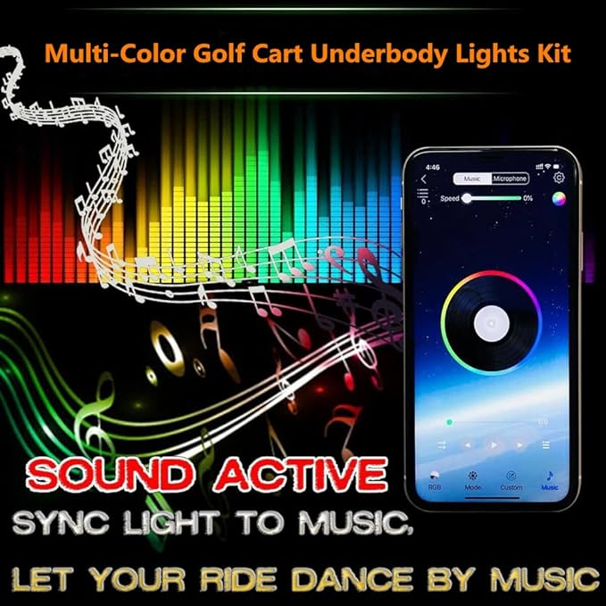 4 Pcs Golf Cart Underglow Lights, RGB Led Strip Lights for EZGO Yamaha Club Car, RF/APP Control, Sound Active, Music Sync with Voltage Reducer, Water Resistant Flexible Tubes