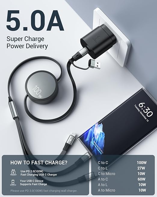 CAFELE 100W Multi Charging Cable, 6-in-1 Retractable USB C/A Cable, 5A Fast Charger Cord for Multiple Devices with Type C/L/Micro Ports for Phone 17 16 15 14 Pro Max, S24/S23, MBook, Pad (4.3ft)
