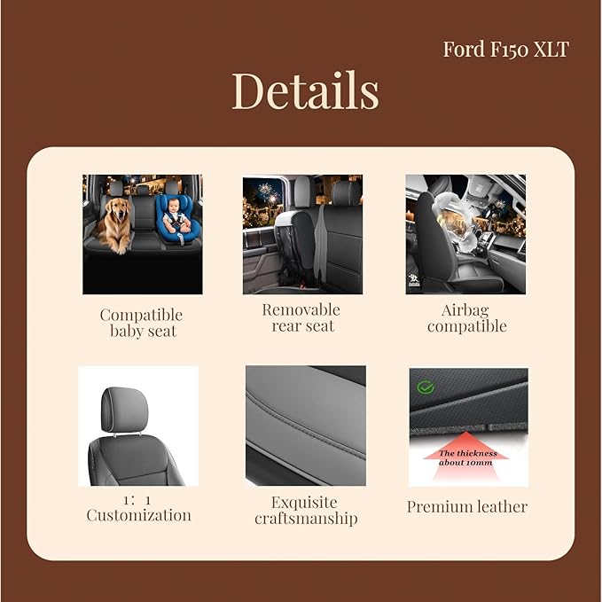 Red Rain Leather F150 Seat Covers Custom Fit for Ford F150 SuperCrew/CrewCab 2015 to 2025 XL XLT STX Pickup Truck Black and Gray Seat Cushion Cover Full Set (F150-Black+Gray)
