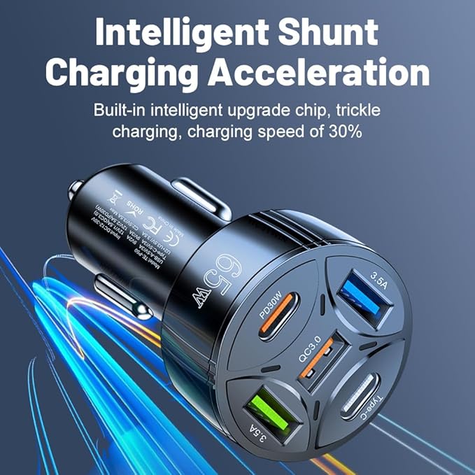 Super Fast Charging USB-C Car Charger Adapter, 65W 5-in-1 Multi-Port PD30W & QC3.0 Cigarette Lighter USB Charger for iPhone/Android/Samsung/iPad Pro (Black)