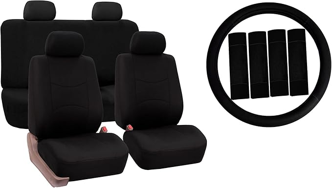 FH Group Car Seat Covers Flat Cloth Automotive Black Full Set, Rear Solid Bench Universal Fit Combo Steering Wheel Cover & Seat Belt Pads Car Seat Protector for Cars Trucks SUV Interior Accessories