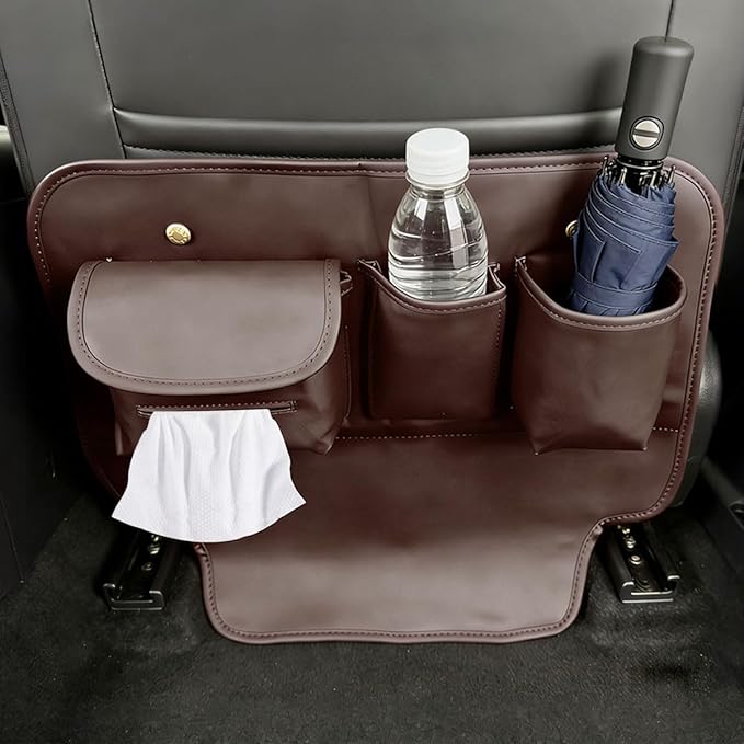 Leather Car Seat Back Organizer, Waterproof Car Seat Kick Mat with Cup Holder, Multifunctional Backseat Storage Bag, Universal Auto Travel Seats Protector Accessories for SUV Truck (Brown)