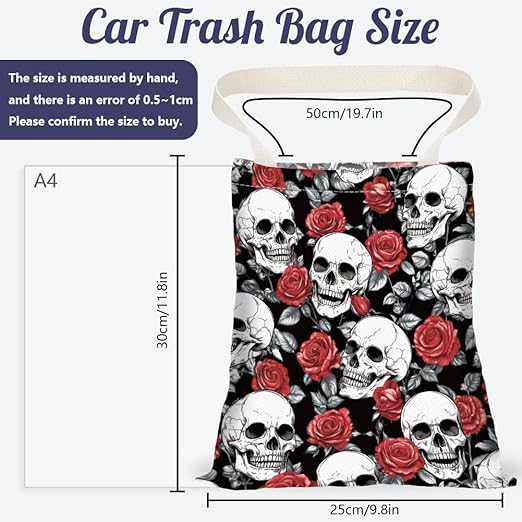 Skull Rose Print Car Trash Bag Hanging Garbage Bag with Snap Buttons Car-Back Seat Trash Storage Portable Dustbin for Car Interior Accessories Travel Camping