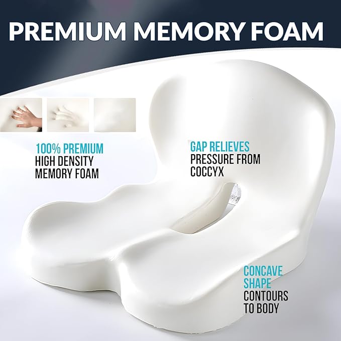 Memory Foam Seat Cushion for Truck Drivers, Office Chairs Ergonomic Seat Cushion for Back, Tailbone Sciatica Pain Relief, Pressure Relief Pad for Long Sitting, Car Seat Desk Chair Use (Gray)